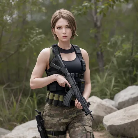 There is a woman in the field with a gun and a rifle, Resident Evil 6 Ada Vietnam Gate Gunner, with rifle, cinematic ligh《tomb raidar》Still, beautiful female warrior, hold a rifle, hold a rifle, carrying a rifle, heroines, solo female role, Resident Evil 6...