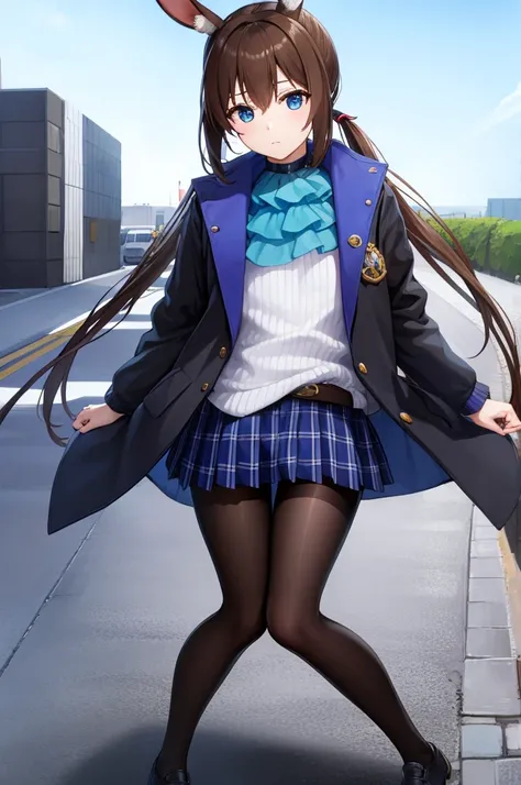 Ark of tomorrow, Ark of tomorrow, Animal ear, eBlue eyes, Brown hair, hair between eye, pony tails, rabbitears, bunnygirl, side locks,
rest anklet, ascot, Black jacket, blue ascot, Blue collar, Blue footwear, blue skirts, brown pantyhose, button, collars, ...