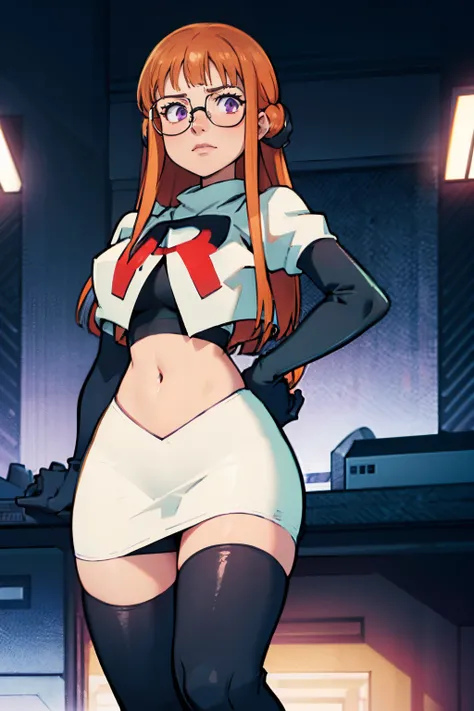 futaba sakura, orange hair, purple eyes, glasses, computer expert, team rocket, team rocket uniform, red letter R, white skirt, white crop top, black thigh-highs, black elbow gloves, hacking, vibrant colors, anime style, neon lights