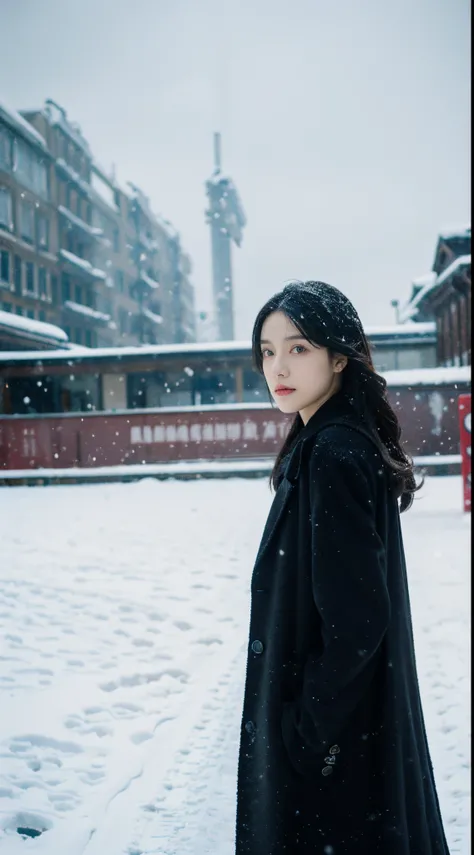 Best quality at best,tmasterpiece,超高分辨率,(realness:1.4),RAW photogr,Cinematic texture,1 cool girl,Tall and tall，Dressed in black，Black long woolen coat，standing in the snow，looks into camera，Endless snow field