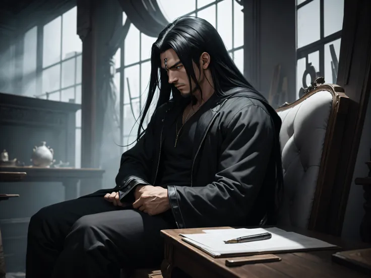 ONE Anime man, He has a strong body, He has a serious mature face, He has medium-long black and white hair. He is sitting with his hands in his head. He has Amber color eyes. There are some dark ghosts behind him. Side view. Really Far away view. Super det...