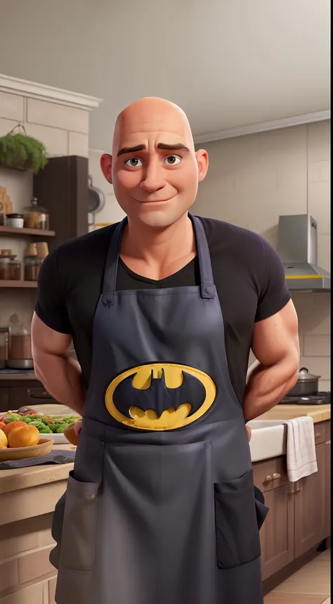 arafed man in a batman apron standing in a kitchen, middle aged balding superhero, ((bald)), ryan renolds as batman, damian kryzwonos, wearing an apron, he is wearing a black t-shirt, apron, (38 years old), michal, ogre chef in an apron