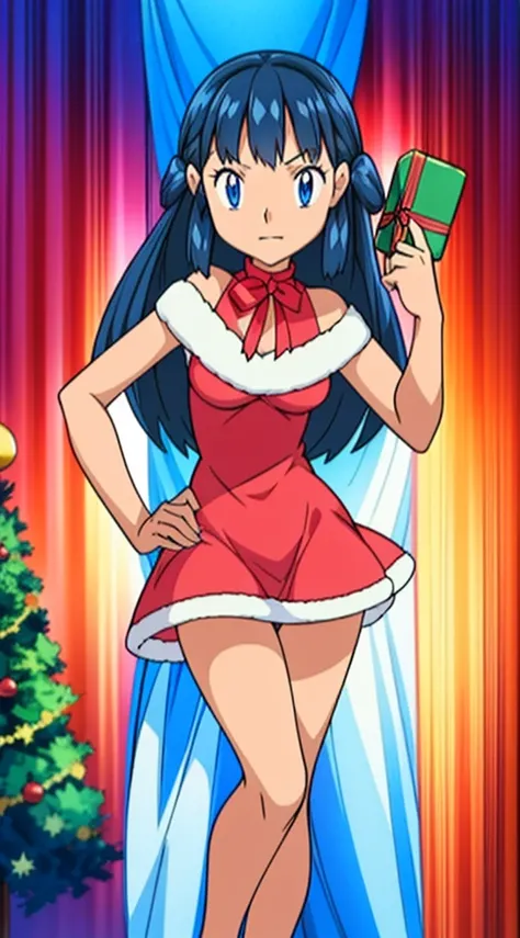 masterpiece, best quality, 1 solo girl, dark blue hair, blue eyes, long hair, wavy hair, Christmas ornaments, medium breasts, mature body and face, red santa dress, christmas, christmas light, christmas tree, red gloves, red santa skirt, holding gift, red ...