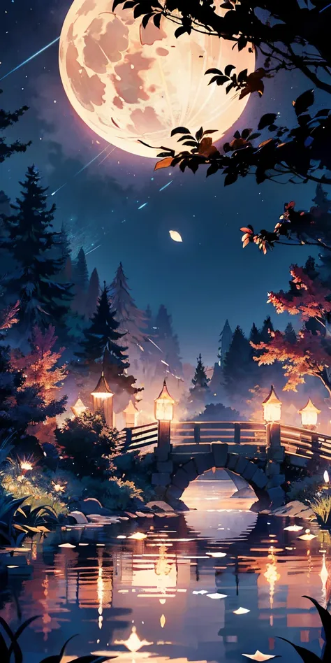 tmasterpiece, beste-Qualit, (Very detailed CG unity 8k wallpaper), (beste-Qualit), (the best illustration), (best shadows), glow sprite, (Without people:1.5), Lack of people,Night Landscape, Round Lake, It is surrounded by a forest wall of trees, (Lake, Sh...