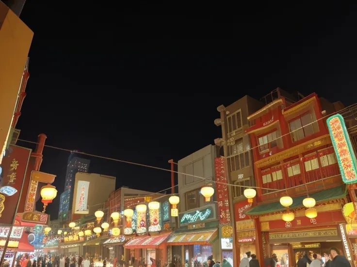 nighttime view of a city street with a lot of lights, chinatown, china town, china town blade runner, street lanterns are shining, entertainment district, neon lights above shops, night life buildings, at nighttime, the neat and dense buildings, street lan...