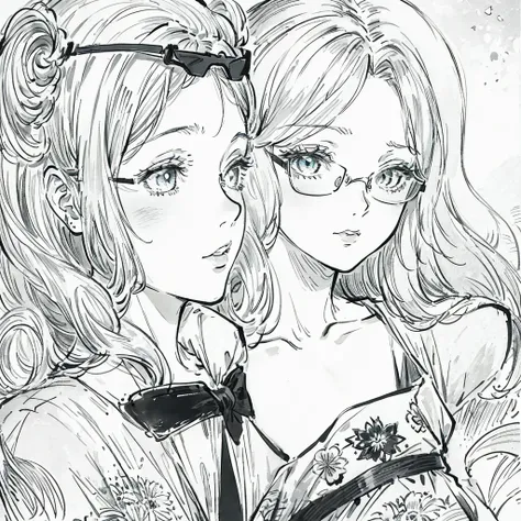 A girl，cabelos preto e longos，Bust photo，black and white manga style，Half-rimmed glasses，