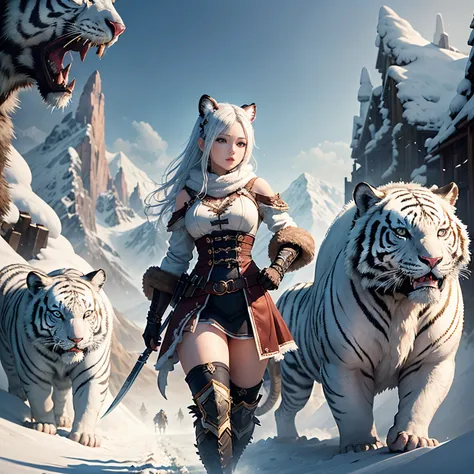 超A high resolution、An ultra-high picture quality、8K、Detailed details、marvelous expression、1 person woman、The white tiger monster is your buddy、Monster Hunter Character Costumes、Have a big weapon、Vast snowy mountain background、