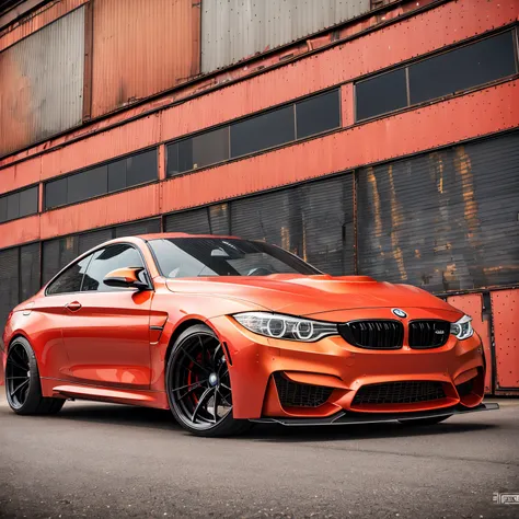 Generate an ultra-high definition 8k image capturing a view of a full carbon fibre BMW M4 2023 . wide body kit. aero bodykit. epic stance, headlamps lightings , candy apple red mag wheels. aggressive stance ((background: inside old industrial style buildin...