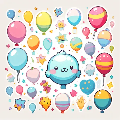 Individual stickers， 1sticker， （balloons））， white backgrounid， nothing background， simple backgound， dk， adolable， Small， pastel colour， vectorstyle， no gradien，