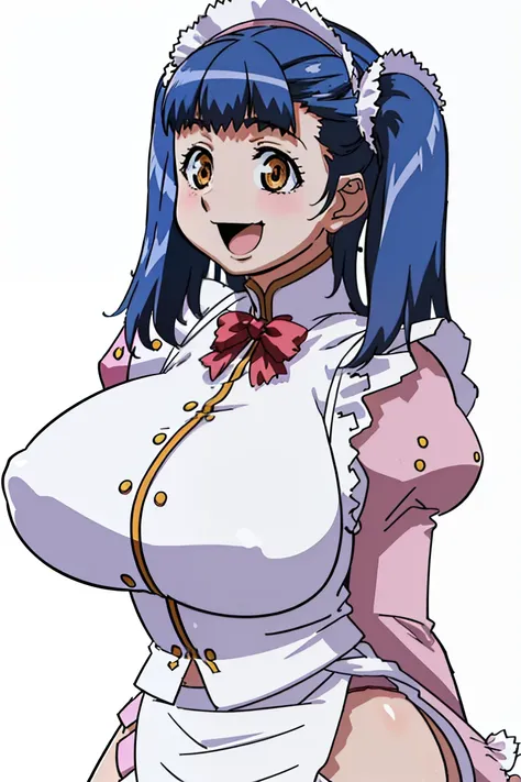 (white background:1.3),Solo,Everyday clothes,(huge-breasted:1),Twin-tailed,(Blue hair,white frills,Orange Eyes,maid clothes,Pink skirt),Looking at the camera,A smile,Opening Mouth,tusk