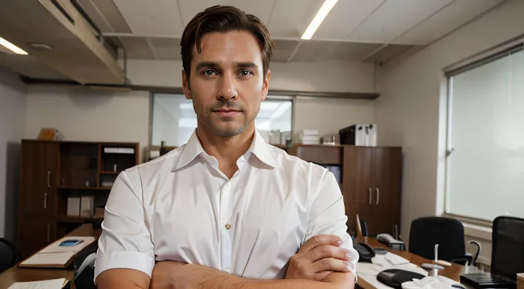 Male business man, white, brown hair, brown eyes, 39 years old, standing in an office, arms crossed, with a slight smile on his face.