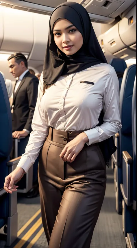 RAW, Best quality, high resolution, masterpiece: 1.3), beautiful Malay woman in hijab (iu:0.8),1woman, 、very detailed face、Detailed lips、Detailed eyes(、Smiling while walking slowly down the aisle)、( Stewardess uniform length: 1.2)(trousers),(Glamorous body...