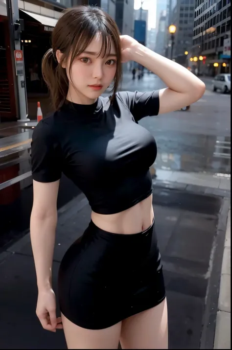 Tight leather skirt, Wear a tight-fitting gray shirt, （(Short hair details，The hair is neat，horse tailed))，16 year old asian girl,（Breasts are super swollen，Exaggerated large breasts，swollen breasts, Bigchest，super gigantic breasts），（Full body clothing sup...