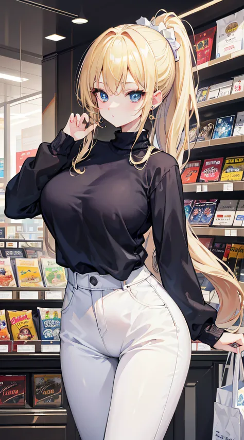 top-quality、Top image quality、​masterpiece、girl with((18year old、Best Bust、big bast,Beautiful blue eyes、Breasts wide open, Blonde ponytail、A slender,Large valleys、Black sweater、White pants、point to the shelf、Ruby Earrings、View product shelf)）hiquality、Beau...