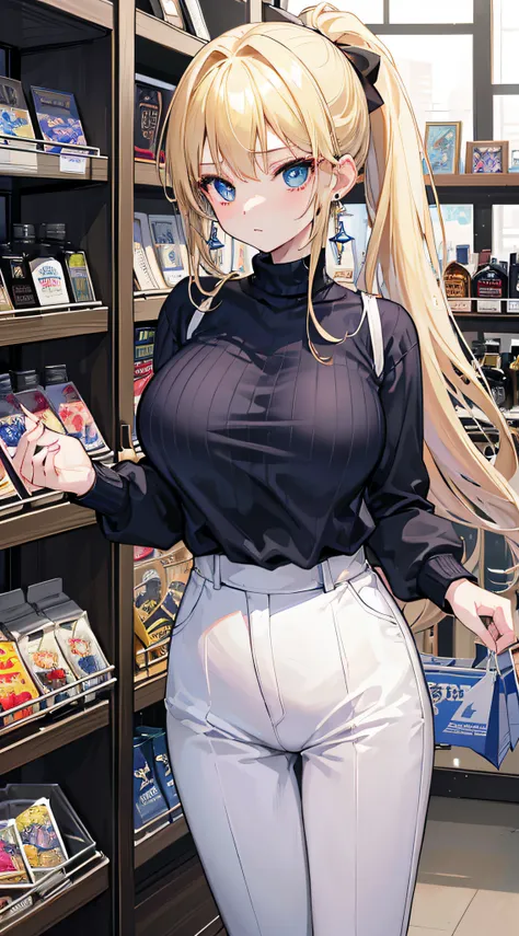 top-quality、Top image quality、​masterpiece、girl with((18year old、Best Bust、big bast,Beautiful blue eyes、Breasts wide open, Blonde ponytail、A slender,Large valleys、Black sweater、White pants、point to the shelf、Ruby Earrings、View product shelf)）hiquality、Beau...