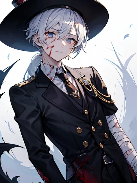 （masutepiece）（high-detail）Single male in his 20s、white  hair、poneyTail、tailcoat、neck tie、Hats、Has an injury to the arm、Clothes are slightly torn、Somewhat bloody、bandaged、grim facial expression、Decadent atmosphere