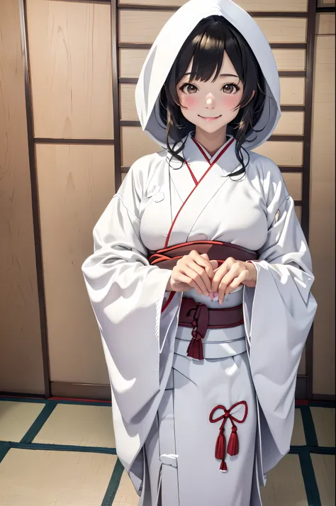 1girl in, Solo,
Myoko (kancolle),
Indoors, Japanese-style room, Tatami mats, Shiromuku,white hood,White kimono, Seiza, Smile,