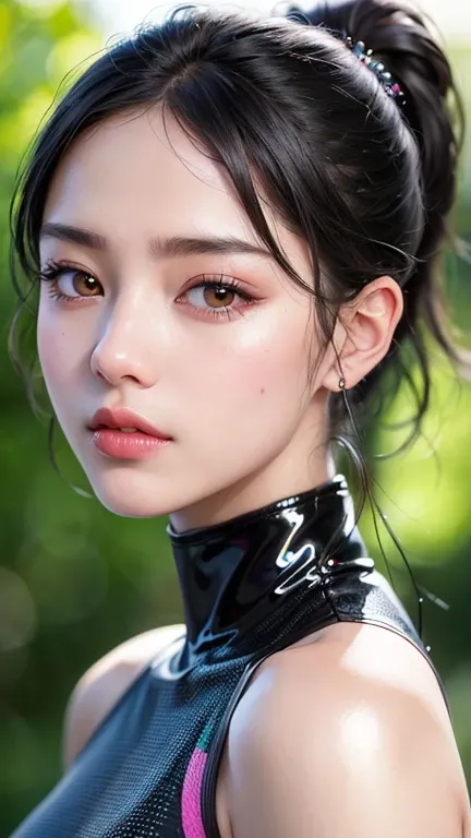 (8k, RAW Photo, Photorealistic: 1.25), (Lip Gloss, Eyelashes, Glossy Face, Glossy Skin, Best Quality, Ultra High Resolution, Depth of Field, Chromatic Aberration, Caustics, Wide Lighting, Natural Shading, Kpop Idol), Sportswear, Morning, Sweat, Ponytail