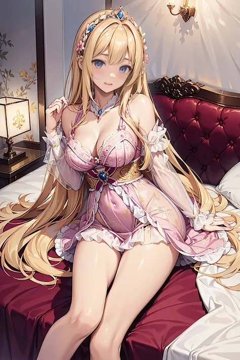 25-year-old female、Shy laughter、Kamimei、Medium chest、Pose Seductive，(brightly patterned princess dress:1.2)，Dark-blonde hair，e Blue Eyes，maximalism，Multi-layered delicate frills，Lots of races，(Delicate pattern:1.1)，(exquisite costumes:1.1)，(Yellow-white to...