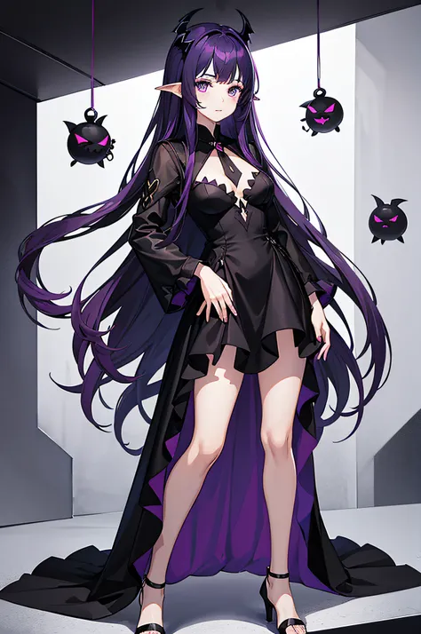 teens girl，Vampires，Two-dimensional style，anime，black long dress，black heels，Purple colored hair，Stand up