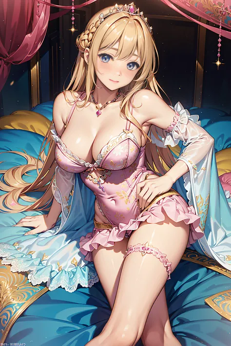 25-year-old female、Shy laughter、Kamimei、Medium chest、Pose Seductive，(brightly patterned princess dress:1.2)，Dark-blonde hair，e Blue Eyes，maximalism，Multi-layered delicate frills，Lots of races，(Delicate pattern:1.1)，(exquisite costumes:1.1)，(Yellow-white to...