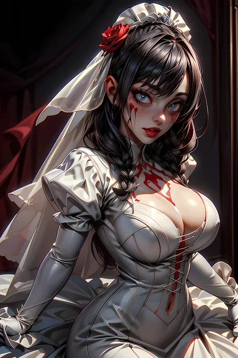 arafed, high details, best quality, 16k, [ultra detailed], masterpiece, best quality, (extremely detailed), dynamic angle, ultra wide shot, RAW, photorealistic, a wide angle picture of a vampire bride biting her groom, a [female vampire] bride (best detail...