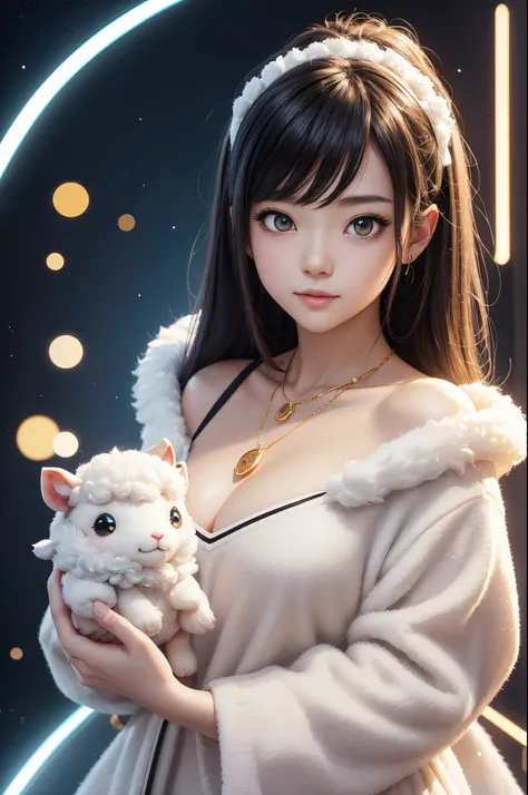 8K,Cute little surreal sheep with golden eyes wary necklace、Chibi、Adorable and fluffy、Logo Design、comic strip、cinematic lighting effect、A charming、3D Vector Art、Cute and quirky、Fantasyart、bokeh dof、handdraw、digitial painting、Soft lighting、Isometric style、4...