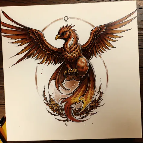 Phoenix tattoo sketch, sketch , draft, handmade effect , use shades of red, orange and yellow, dark background circle