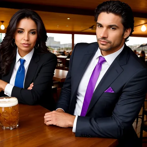 hay una mujer bonita de piel morena, tomando una cerveza en un bar, She is accompanied by a handsome athletic executive man in a suit and tie., they are sitting at the same table.