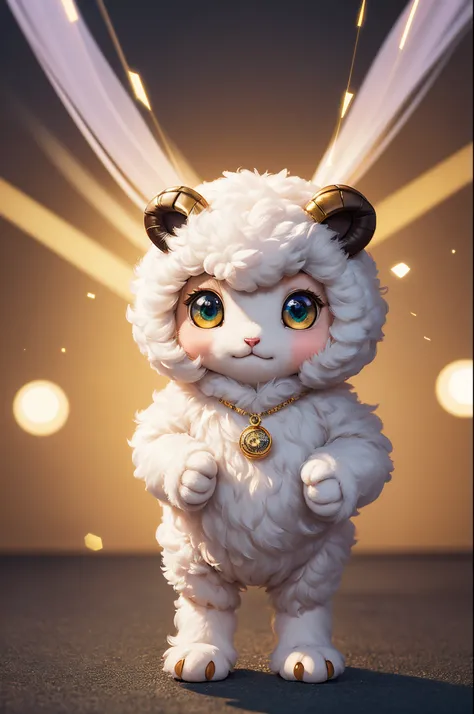 8K,Male,Cute little surreal sheep with golden eyes wary necklace、Chibi、male child,Adorable and fluffy、Logo Design、comic strip、cinematic lighting effect、A charming、3D Vector Art、Cute and quirky、Fantasyart、bokeh dof、handdraw、digitial painting、Soft lighting、I...