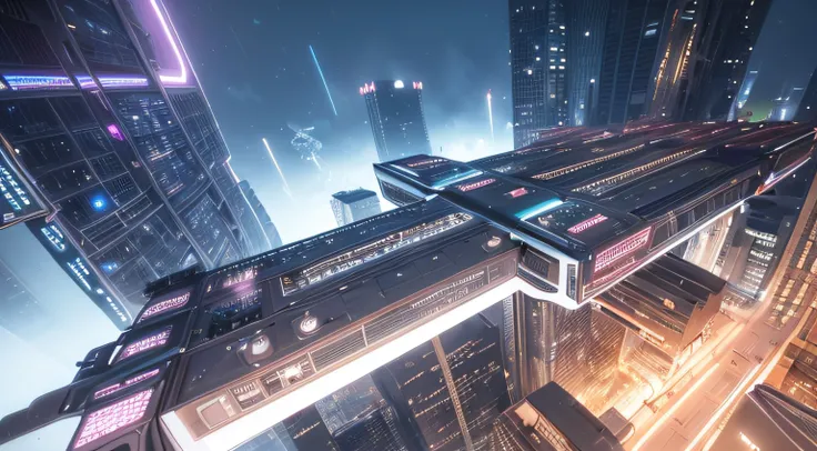 Create futuristic hyper-arism works of art, Imagine a city in the sky, Complex architectural structures and advanced technology. Depict this futuristic city in rich detail, Capture bright light, Suspended platforms and flying vehicles crisscrossing the sky...