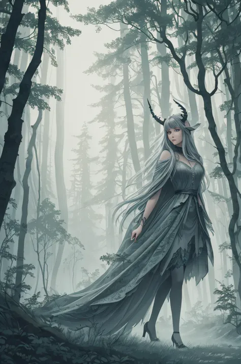 stylized, full body image, tiny princess of the forest with faerie wings and small curved horns sitting in a forest clearing, torn cloak, leaf dress (masterpiece), (best quality), (ultra detailed), (absurdres), (highres), (official art:1.4), (illustration:...