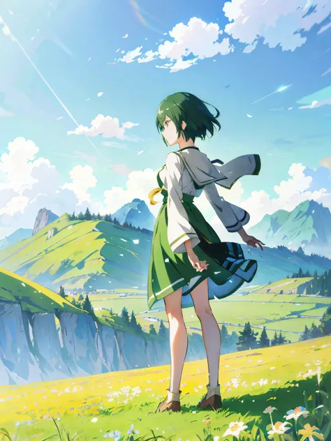 Anime girl standing in field with mountains in background in green dress, detailed digital anime art, Guvez style artwork, Artgerm and Atey Ghailan, Makoto Shinkai art style, digital anime art, digital anime illustration, smooth anime CG art, anime country...