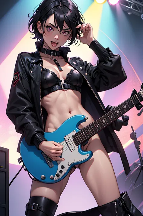 loli, Petite, naked body, bare thighs, Guitar in hand, rocker, Rock concert, short black hair, vampire teeth, Female orgasm, opened mouth, tongue sticking out, heart-shaped pupils, Bare breasts and nipples, Naked genitals, collar with leash around neck, dr...