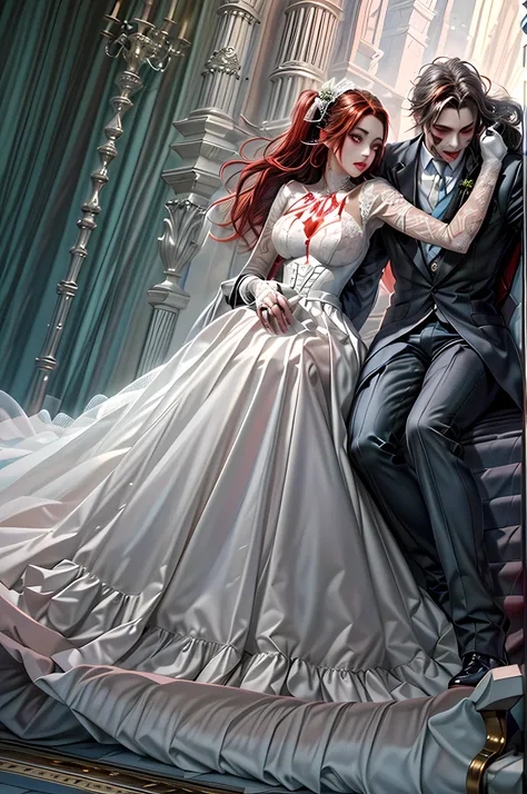 arafed, high details, best quality, 16k, [ultra detailed], masterpiece, best quality, (extremely detailed), dynamic angle, ultra wide shot, RAW, photorealistic, a wide angle picture of a vampire bride biting her groom, a [female vampire] bride (best detail...