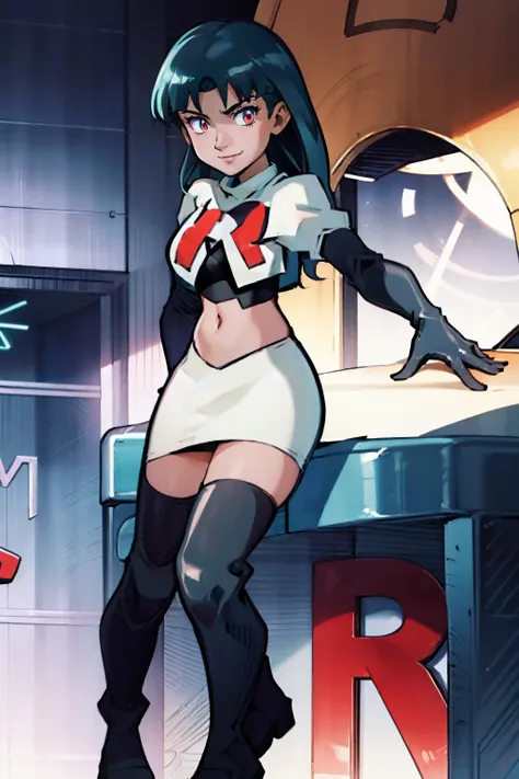 sabrinapkmn, team rocket, team rocket uniform, red letter r, white skirt, white crop top, black thigh-highs, black elbow gloves,...