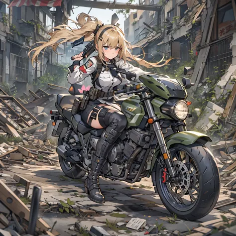 Anime riding a motorcycle in ruins３People Girls, girls frontline style, from girls frontline, Fine details. girls frontline, girls frontline, girls frontline cg, infantry girl, Womens Last Tour, soldier girl, M4 Sopmod II Girls Frontline, anime maid ss mil...