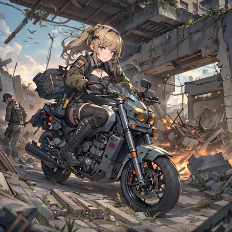 Anime riding a motorcycle in ruins３People Girls, girls frontline style, from girls frontline, Fine details. girls frontline, girls frontline, girls frontline cg, infantry girl, Womens Last Tour, soldier girl, M4 Sopmod II Girls Frontline, anime maid ss mil...