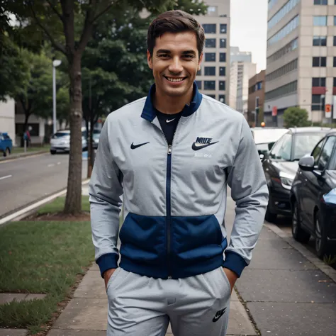 smiling businessman in a Nike tracksuit