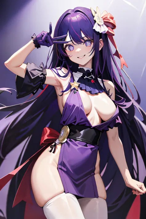 ​masterpiece、ighly detailed、(1 girl in:1.2)、purple color  hair、virgin killer strapless  open shoulder strapless Kimono、big eye、、Naughty smile、8K 、Ai Hoshino、Star、very sexy