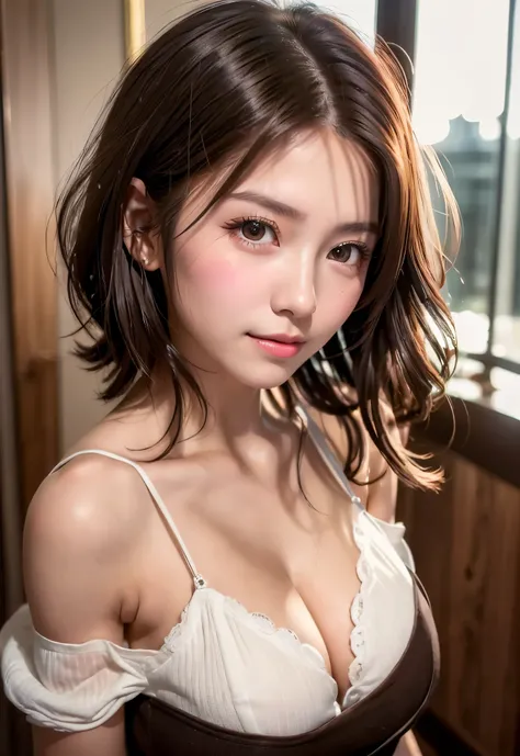 Night, Raw photography, (((Very beautiful portrait))), (Very beautiful portrait))), 1 girl, Sexy 25 year old girl, ((Shortcut Natural Brown Hair)), [Brown eyes],Gentle smile staring at the camera(cleavage), ((masutepiece, Best Quality, Ultra Detail,...