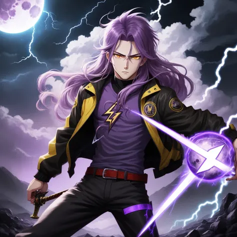 top-quality,Anime style,Young men,Purple long hair,Yellow eyes,purple and black jacket,Black pants,A sword wrapped in purple lightning,deadpan,No light in the eyes,lightning bolt,Purple Moon