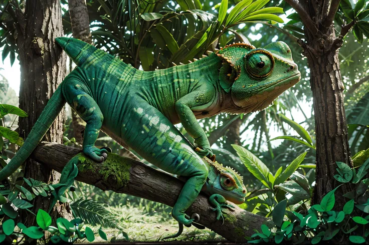 A completely green chameleons are climbing on a ranch in a tree with green leafs, cyber punk, rainforest, all green