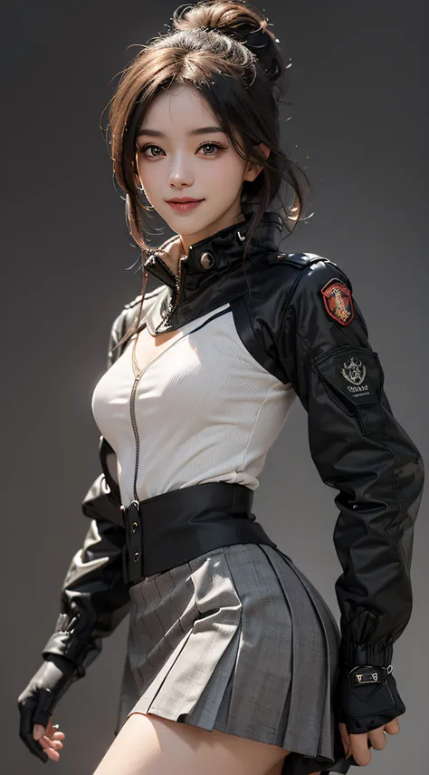 ((gray background, skirt short )), (Highest image quality, outstanding details, ultra-high resolution), 1 girl, wearing futuristic military outfit, (glamour body:1.2, buffed and muscular body), (a bit chubby:0.5), background military base, mild smile, dyna...