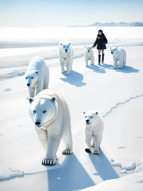 Polar bear family walking on frozen land、1woman