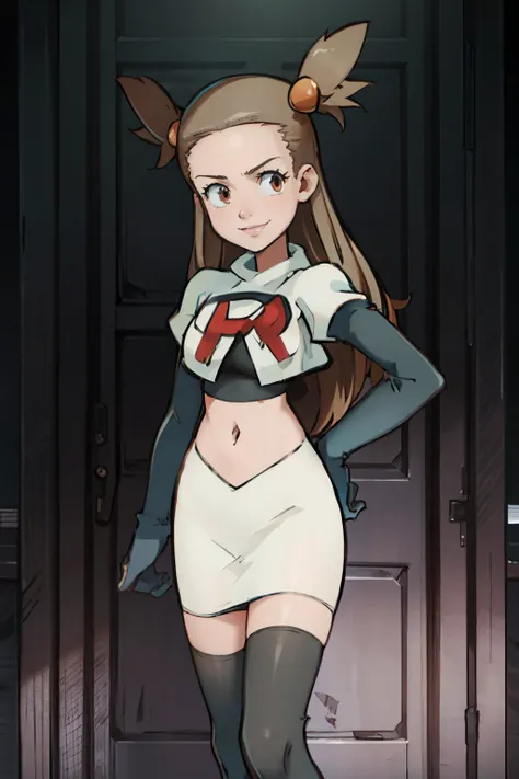 jasmine /(pokemon/), team rocket, team rocket uniform, red letter r, white skirt, white crop top, black thigh-highs, black elbow...