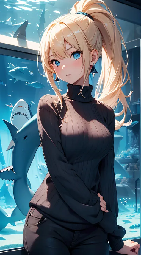 top-quality、Top image quality、​masterpiece、girl with((18year old、Best Bust、big bast,Beautiful blue eyes、Breasts wide open, Blonde ponytail、A slender,Large valleys、Black sweater、White pants、Ruby Earrings、astonished face、arms in arms)）hiquality、Beautiful Art...