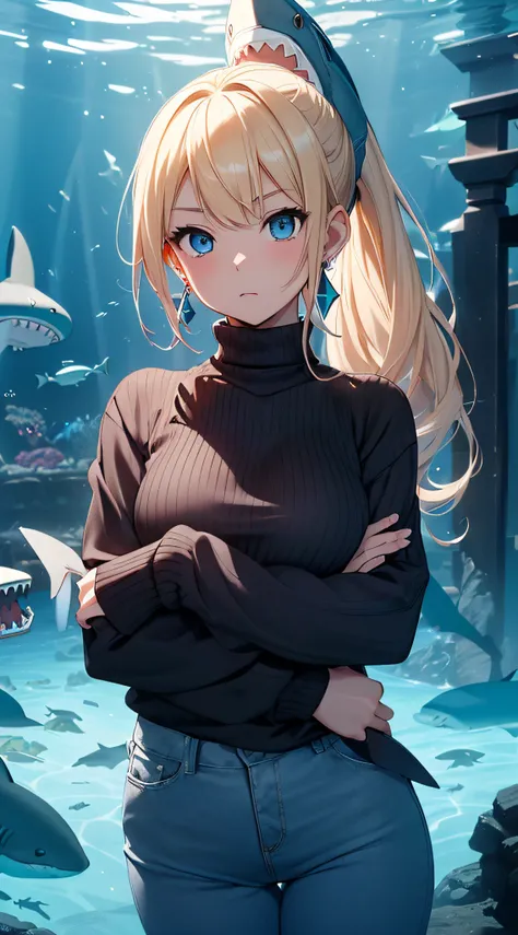 top-quality、Top image quality、​masterpiece、girl with((18year old、Best Bust、big bast,Beautiful blue eyes、Breasts wide open, Blonde ponytail、A slender,Large valleys、Black sweater、White pants、Ruby Earrings、astonished face、arms in arms)）hiquality、Beautiful Art...