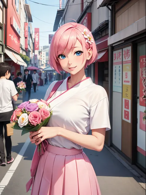 masutepiece, Best Quality, 8K, Photographic Reality, Realistic, Octane Rendering, Bustling Japan urban streets 1 woman, festival, (White shirt), (pink short hair), (Hip wrapped skirt), (Blue eyes) Upper body display,( holding flower bouquet:1.3),view viewe...