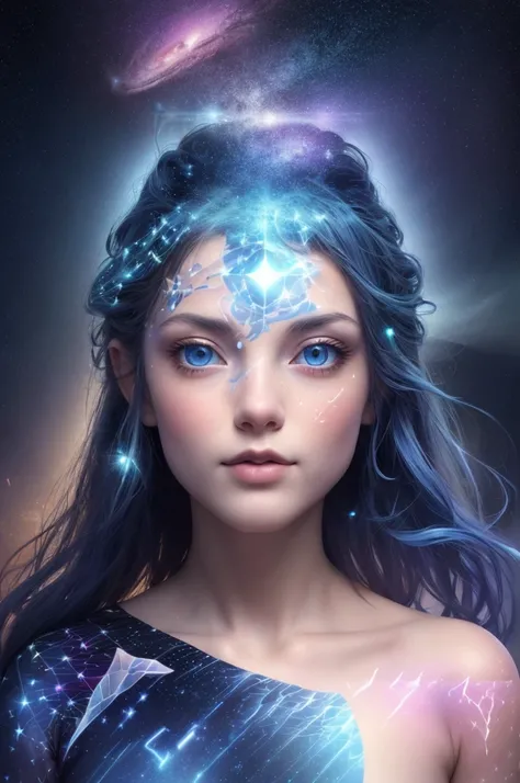 Dubrec style，Girl virtual holographic digital avatar，Futuristic magnificent starry sky image foreground，（multiple exposure：1.8），Complex illustrations in surrealist art style，Surreal dreams，Become an invisible virtual hologram，Transparent person avatar，Virt...